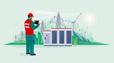 Elektrik teknisyeni, mühendis, elektrik şebekesi transferi. Kişi teftiş üretim tesisi. Yenilenebilir güneş paneli enerji santrali ve pil deposu.. 