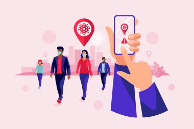 Koronavirüsü, hastalığı, gribi, hava kirliliğini önlemek için koruyucu yüz maskesi takan insanlarla birlikte akıllı telefon sağlık covid izleme uygulaması. Yaşlı adam genç kadın yürüyor. Teknoloji izleme cep telefonu.