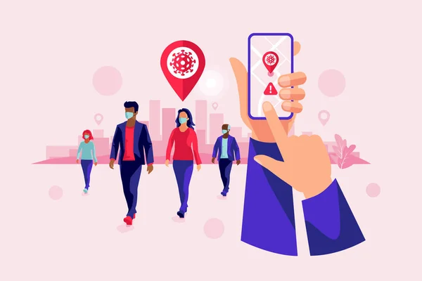 Smartphone Santé Application Localisation Suivi Covid Avec Des Personnes Portant — Image vectorielle