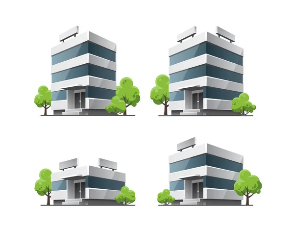 Set Moderne Illustrazioni Edifici Vettoriali Ufficio Icone Vista Prospettica Con — Vettoriale Stock