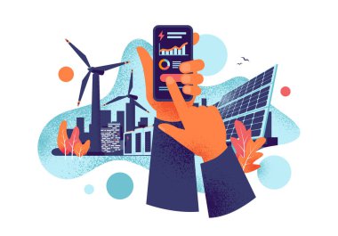 Cep telefonunda elektrik enerjisi kullanan akıllı telefon izleme uygulaması olan eller. Sürdürülebilir yenilenebilir enerji santrali bataryası güneş panelleri, rüzgar. Tahıl biçimi vektör illüstrasyonu.