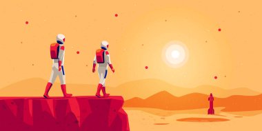 Astronot kaşifler Mars 'ın yüzeyindeki dağ manzarasında uzay gemisi roket aracıyla yürüyorlar. Geleceğin Kızıl Gezegen Sömürge Keşif Görevi. Starman Kolonisi.