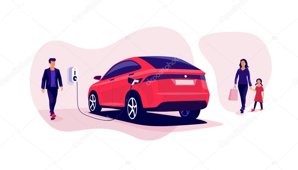 Electric car charging in underground basement garage store on charger station. Battery vehicle standing on parking lot connected to wall box. Vector illustration. Young family shopping while charging.