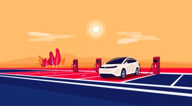 Otoyol dinlenme yerindeki boş şarj istasyonuna modern elektrikli araba şarj ediliyor. Batarya aracı park alanında duruyor. Çizgi film tarzında vektör illüstrasyonu. Şehirlerarası seyahat