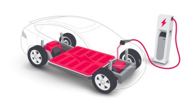 Elektrikli araba akü modüler platform şema şarj istasyonu. Elektrikli kaykay modülü şasi parçaları pil, motorlu tren, kontrolör. İzole vektör illüstrasyonu.