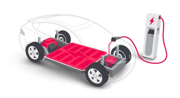 电动汽车充电电池模块化平台板方案充电站 电动滑板模块底盘组件电池组 电机动力传动装置 控制器 孤立的矢量说明 — 图库矢量图片