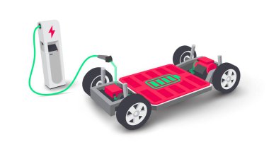 Elektrikli araba modüler platform şeması şarj istasyonunda şarj oluyor. Elektrikli kaykay şasi bileşenleri içinde modül paketi, motorlu tren, kontrolör. İzole vektör illüstrasyonu
