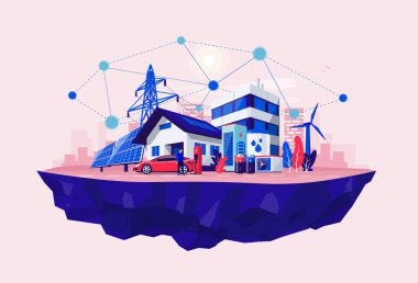 Akıllı yenilenebilir enerji şebekesi sistemi. Şehir dışındaki ev halkının bataryalarının sürdürülebilir ada elektriği. Güneş panelleri, rüzgar, yüksek voltajlı elektrik şebekesi ve şehirle çalışan elektrikli araba.. 