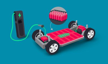 Modern elektrikli araba modüler platformu içinde şarj edilebilir pilleri şarj ediyor. Elektrikli kaykay modülü şasi parçaları, motorlu trenler, kontrolörler. İzole vektör illüstrasyonu