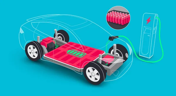 Modern Elektromos Autó Moduláris Platform Fórumon Töltő Akkumulátor Csomag Újratölthető — Stock Vector