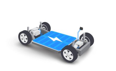 Kaportayla çalışan modern elektrikli araba aküsü modüler platform şeması. Elektrikli kaykay modülü şasi parçaları pil, motorlu tren, kontrolör. İzole vektör illüstrasyonu.