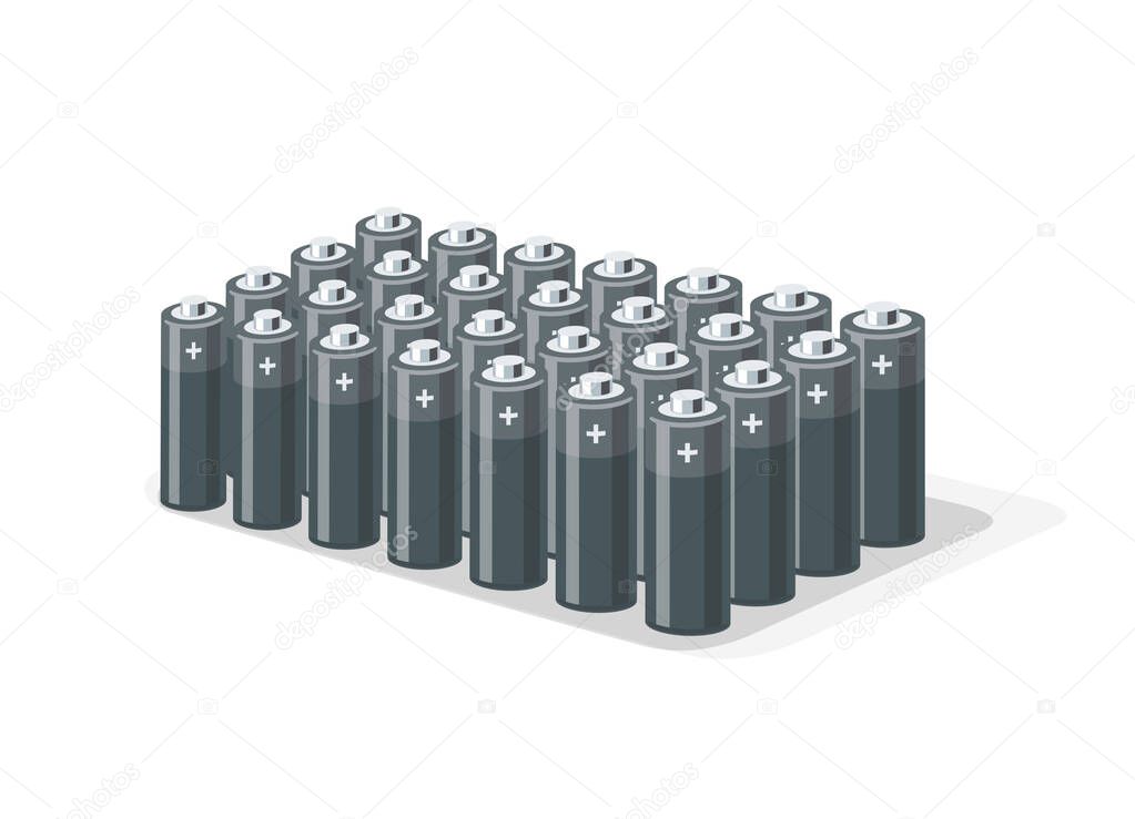Battery pack with tube rechargeable cells. Module part of electric car modular platform board inside chassis component. Isolated vector illustration on white. Lithium ion accumulator cylinder pile.
