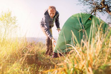 Man setting the green tent on sunset forest glade. Active tourism people living in nature concept image.	