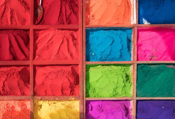 Цветные Порошковые Киоски Полные Красок Холи Готовы Празднованию Популярного Древнего — стоковое фото