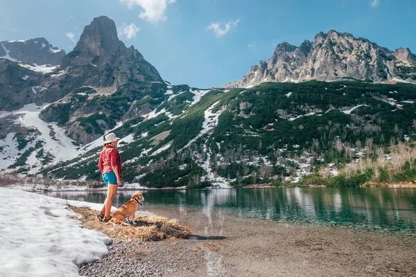 年轻的女人们穿着一件浅红色的衬衫 和他的小猎犬的朋友们在山湖畔散步 享受着春天的空气和融化的雪景 人类与宠物友谊概念形象 — 图库照片