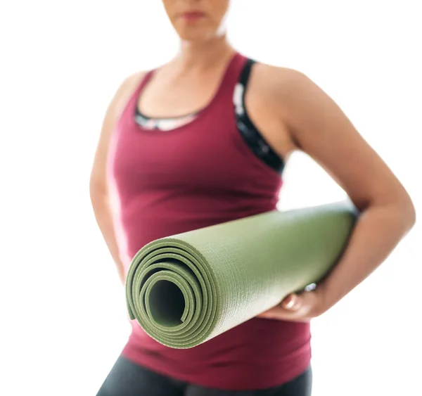 Young Woman Holding Rolled Rubber Gymnastic Yoga Mat White Background — Stock Photo, Image