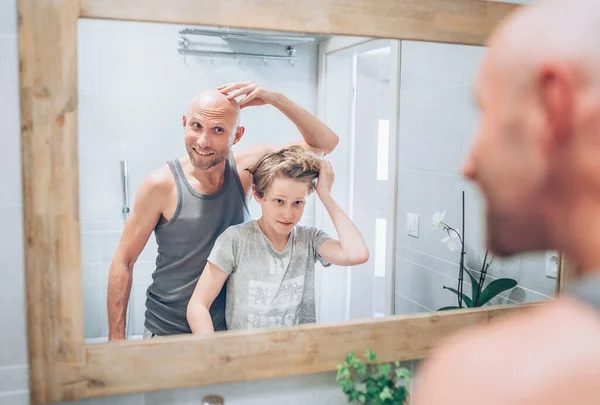 Bald Dad His Long Haired Teenager Son Bathroom Front Mirror — Stock Photo, Image