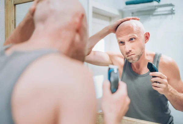 Hairless Man Touching His New Style Bald Head Haircut Made — Stock Photo, Image