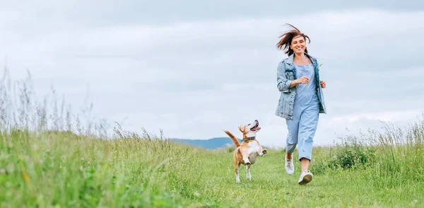 なびく髪とビーグル犬を実行し 目を見て幸せな笑みを浮かべてジョギング女性 ペットと自然の中で草原の草の道を歩く 健康的なアクティブな人々のライフスタイルのコンセプトイメージ — ストック写真