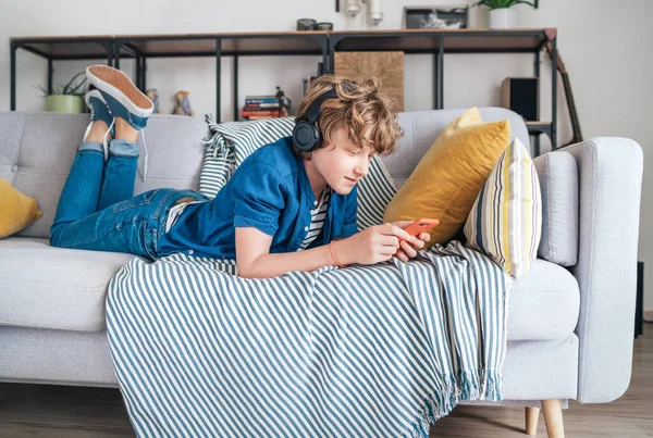 Preteen Boy Lying Home Cozy Sofa Dressed Casual Jeans Shirt — Stock Photo, Image