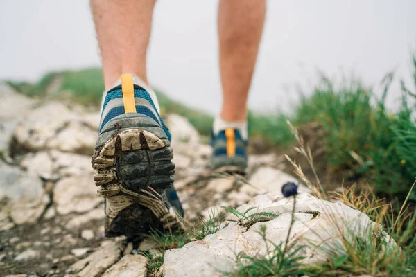 Cerrar Imagen Viajero Pies Botas Trekking Montaña Camino Rocoso Verano — Foto de Stock