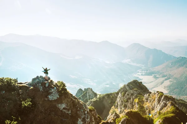 美しいパノラマで山の頂上に立つ小さなフィギュアバックパック付きマウンテンハイカー — ストック写真