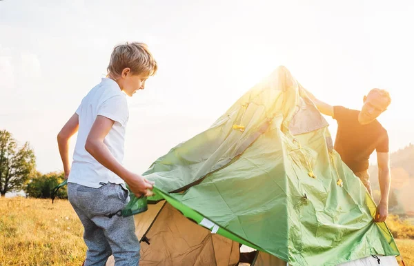 Padre Hijo Instalan Tienda Para Acampar Bosque Soleado Glade Trekking — Foto de Stock