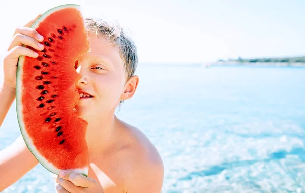 Happy Smiling Boy Big Watermelon Segment Sits Sea — Stock Photo, Image