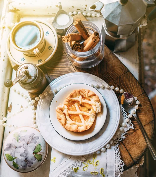 Caffè Mattutino Con Biscotti Romantica Vita Stile Vintage Mattutino — Foto Stock