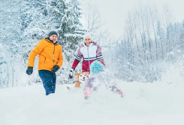 Madre Padre Familia Engañando Bosque Nieve Lanzando Pequeña Hija Deriva — Foto de Stock