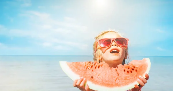 Little Girl Big Watermelon Segment Funny Seside Portrait — Stock Photo, Image