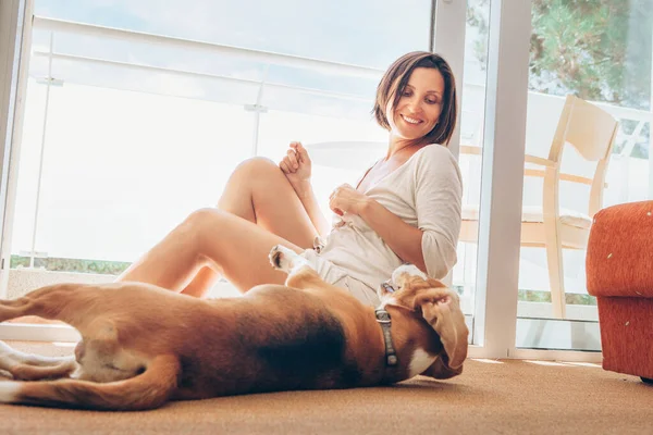 Kvinna Leker Med Sin Beagle Hund Sittin Golvet Soligt Rum — Stockfoto