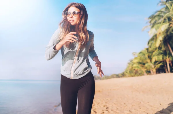 Fashionable Young Longhaired Female Have Morning Jogging Seaside Beach — Stock Photo, Image