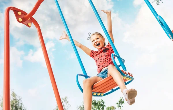 Happy Smiling Cute Little Girl Have Fun Swing Swing Careless — Stock Photo, Image