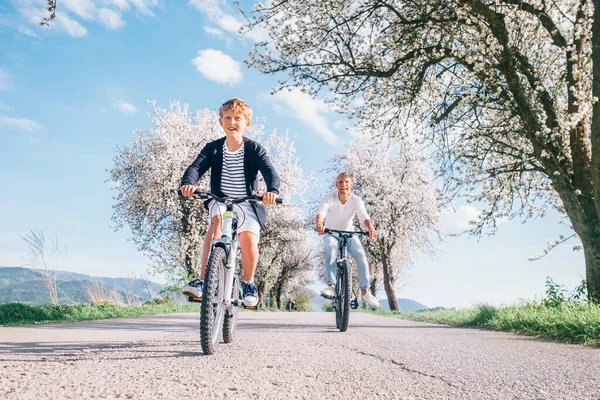父亲和儿子骑自行车在花树下的乡间路上玩得很开心 健康运动生活方式概念形象 — 图库照片