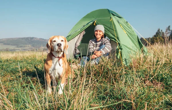 Женщина Собакой Собакой Отдыхает Палатке Кемпинга — стоковое фото