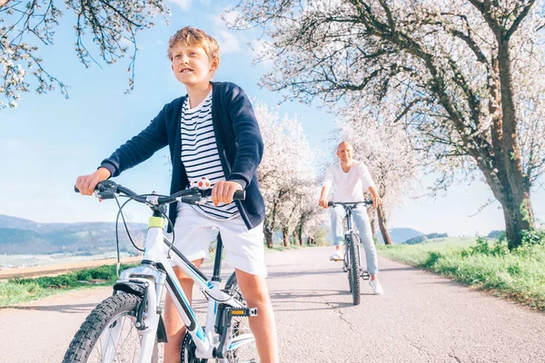 父亲和儿子骑自行车在花树下的乡间路上玩得很开心 健康运动生活方式概念形象 — 图库照片