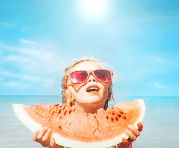 Little Girl Big Red Watermelon Segment Funny Seside Portrait — Stock Photo, Image
