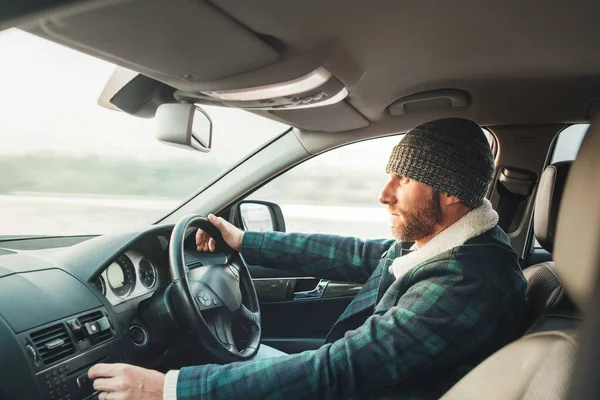 Warm Dressed Bearded Man Driving Modern Auto Car View Winter — Stock Photo, Image