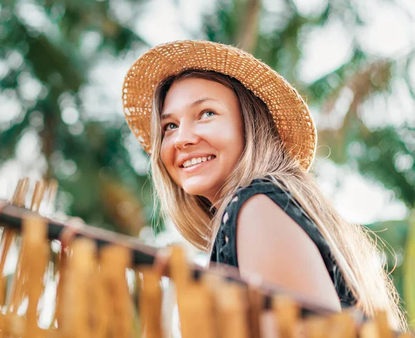 Positive Young Woman Smiling Sitting Hammock Tropical Palm Beach — ストック写真