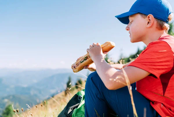 Smiling Boy Portrait Huge Long Baguette Sandwich Mountain Path Food — Stock Photo, Image