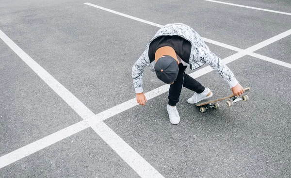 Teenager Skateboarder Boy Skateboard Asphalt Playground Doing Tricks Youth Generation — Stock Photo, Image