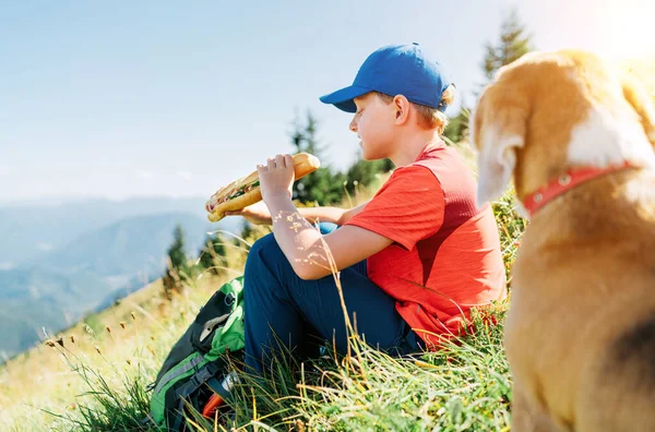 Kleine Lachende Jongen Droeg Honkbalpet Genietend Van Een Enorme Broodje — Stockfoto