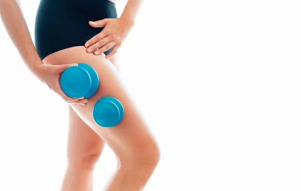 Young Female Making Massage Using Two Silicone Cups Vacuum Cupping — Stock Photo, Image