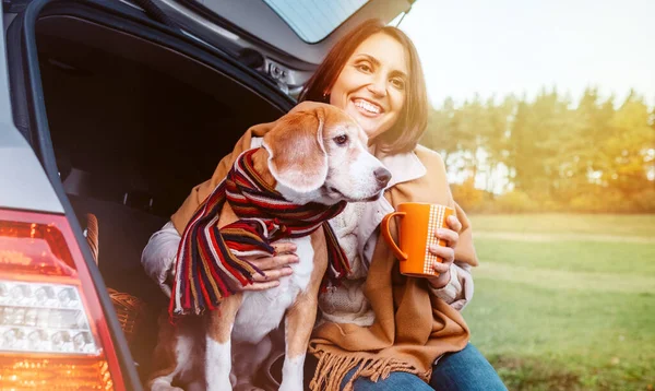 Kvinna Med Hund Sitter Tillsammans Katt Lastbil Och Värmer Varmt — Stockfoto