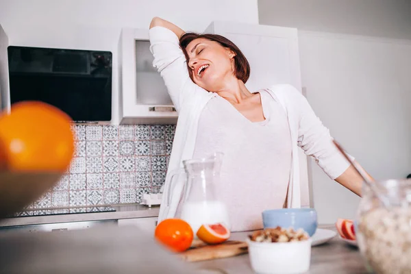 Beautiful Young Woman Stretching Awakening Yawning Modern Kitchen New Day — Stock Photo, Image