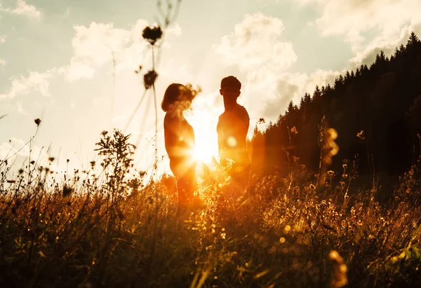 Liefde Paar Silhouetten Tussen Hoog Gras Zonsondergang Weide — Stockfoto