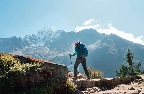 Joven Mochilera Excursionista Usando Bastones Trekking Disfrutando Ruta Trekking Del — Foto de Stock