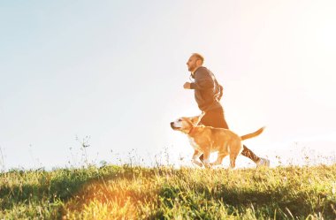 Adam av köpeğiyle koşuyor. Günaydın Canicross egzersizi.