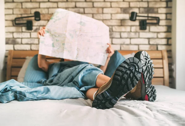 Young Female Inspecting City Map Resting Bed Blanket Weared Trekking — Stock Photo, Image